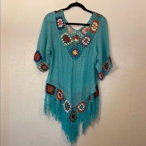 Bohemian Teal Crochet granny square multicolor short sleeve Fringe Top